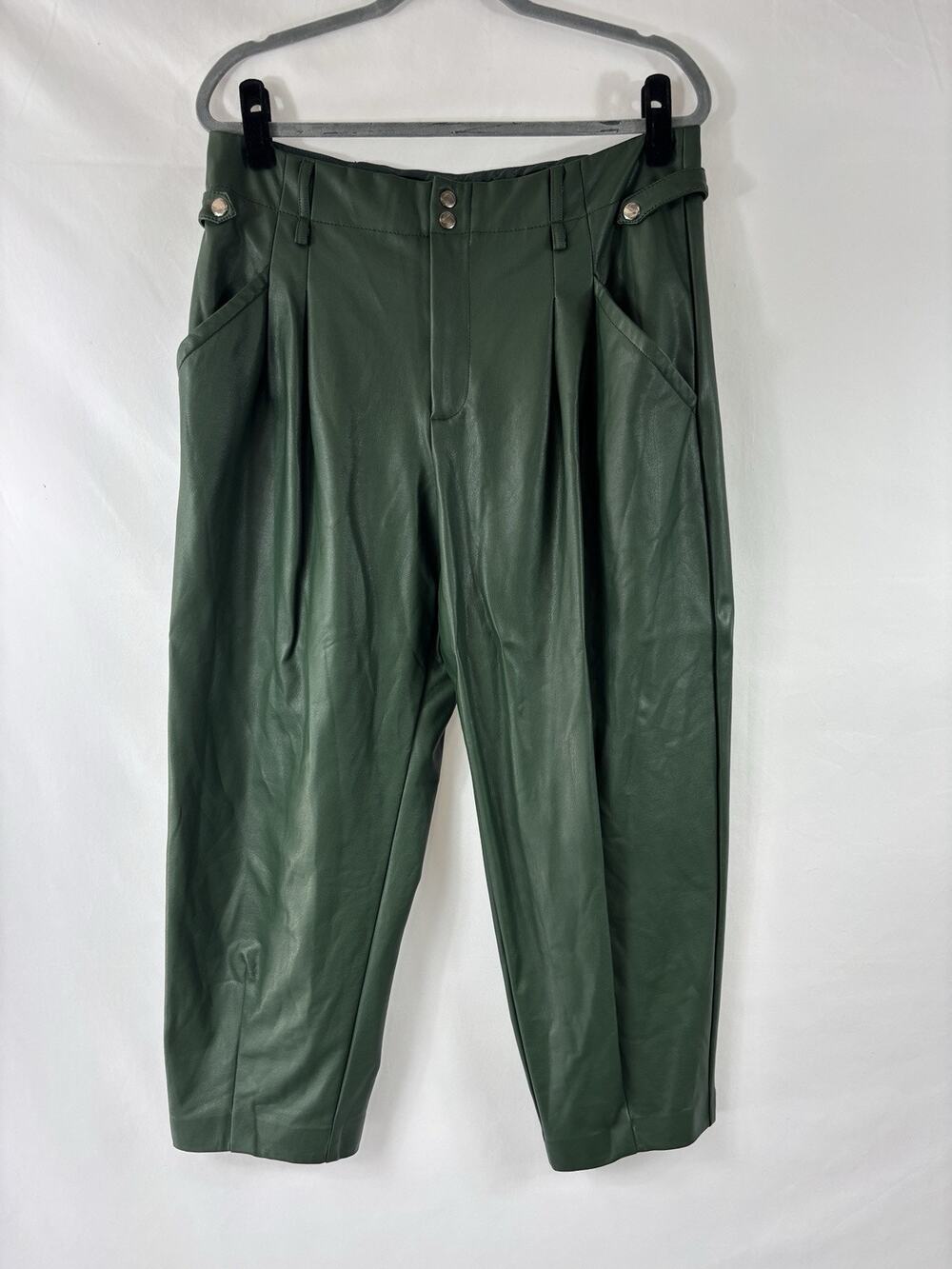 Maeve Anthropologie Faux Leather Pants Green 14 Petite 14P Pleated Cropped Pleat